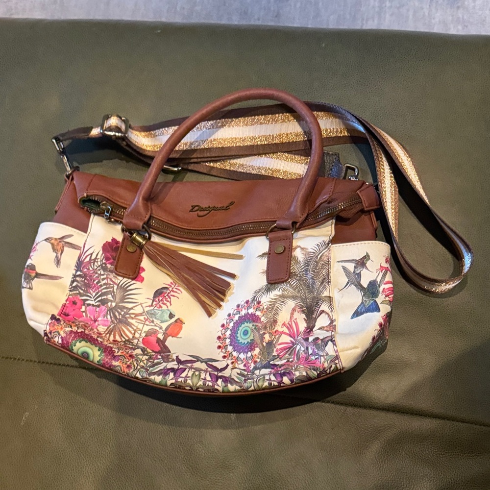 Desigual Floral and Bird Print Adjustable Crossbody/Shoulder Bag